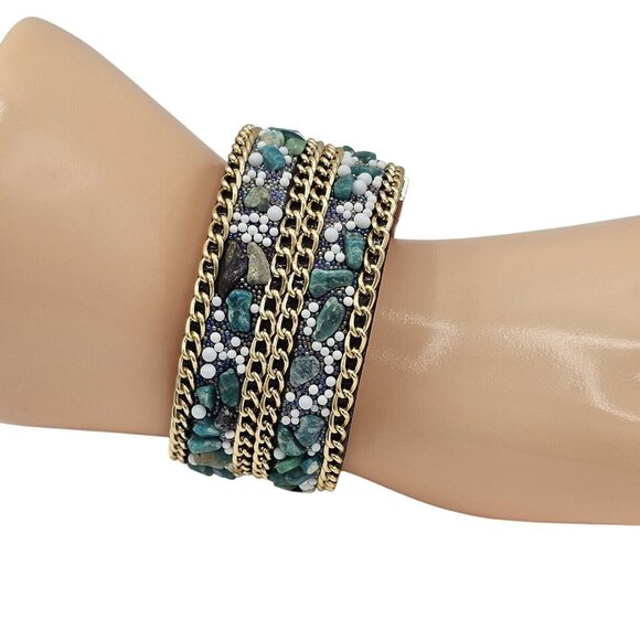 Natural Stone Turquoise Color Chip Gold-tone Magnetic Bracelet Leather Wide Band - Picture 1 of 9